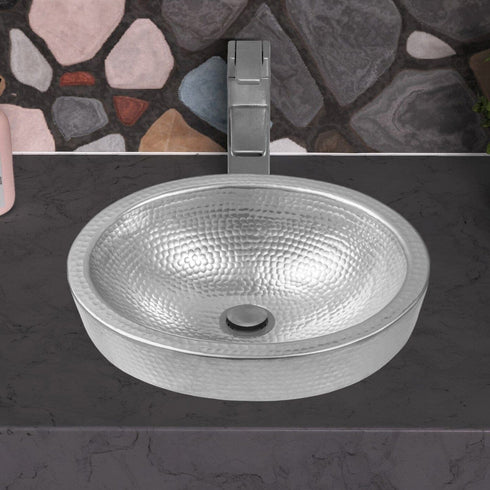 Hand Hammered 17 inch Aluminum Skirted Oval Vessel Bathroom Sink - Nickel
